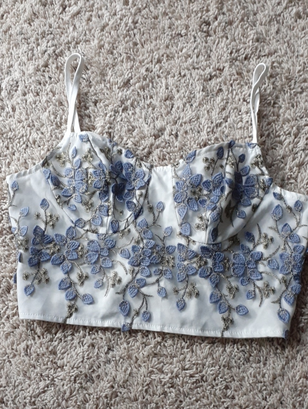 SHEIN White Cropped Cami with Blue Floral Embroidery